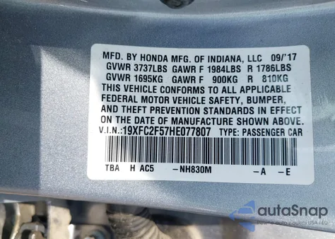 2017 Honda Civic Lx from USA, damaged, VIN 19XFC2F57HE077807